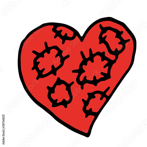 Heart vector illustration. Icon. Red heart with seams, patches. Broken heart, pain, suffering.