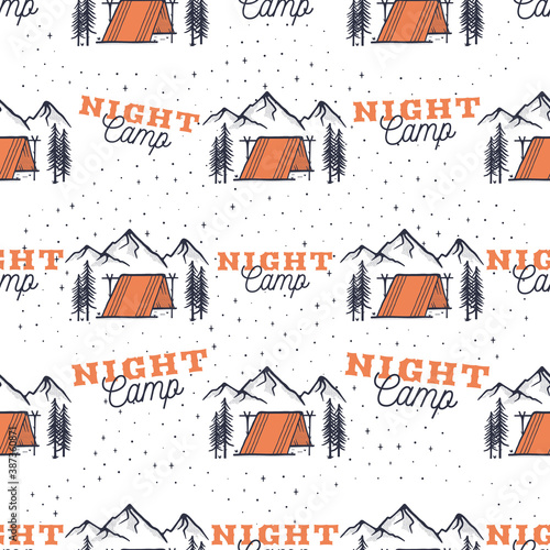 Camp night pattern. Adventure seamless background. Nature hiking scene. Stock vector texture