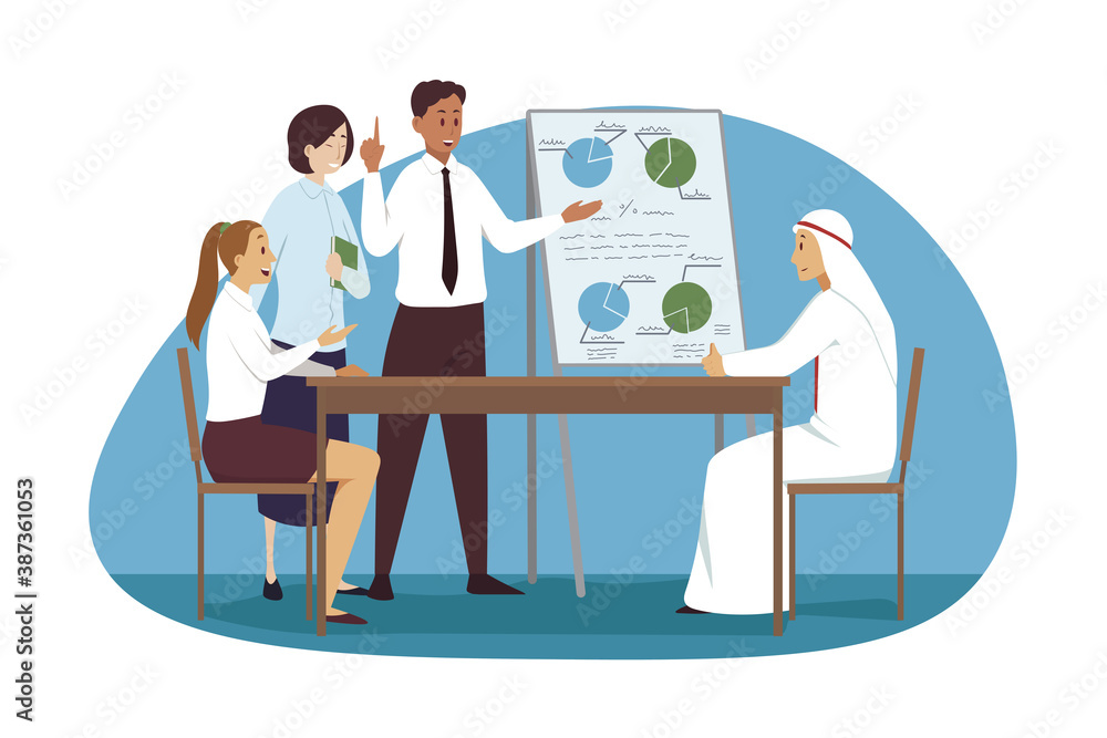 Management, meeting, business concept. Team group of international businessmen women coworkers managers having conference in office analysing data plan together. Coworking and teamwork illustration. Management, meeting, business concept. Team group of international businessmen women coworkers managers having conference in office analysing data plan together. Coworking and teamwork illustration.
