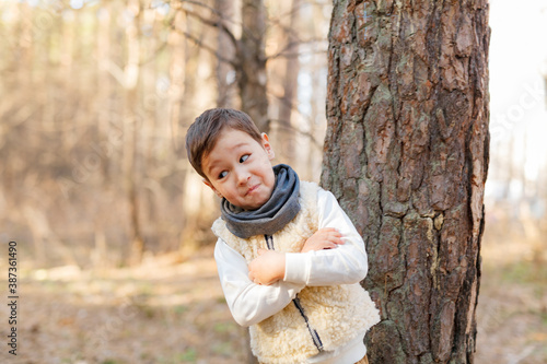 little preschool boy in casual clothes walks through the spring forest in the evening, backlight