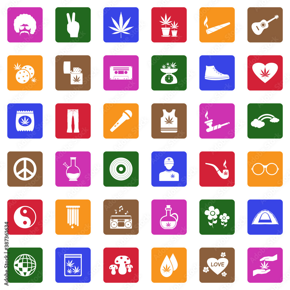 Hippie Icons. White Flat Design In Square. Vector Illustration