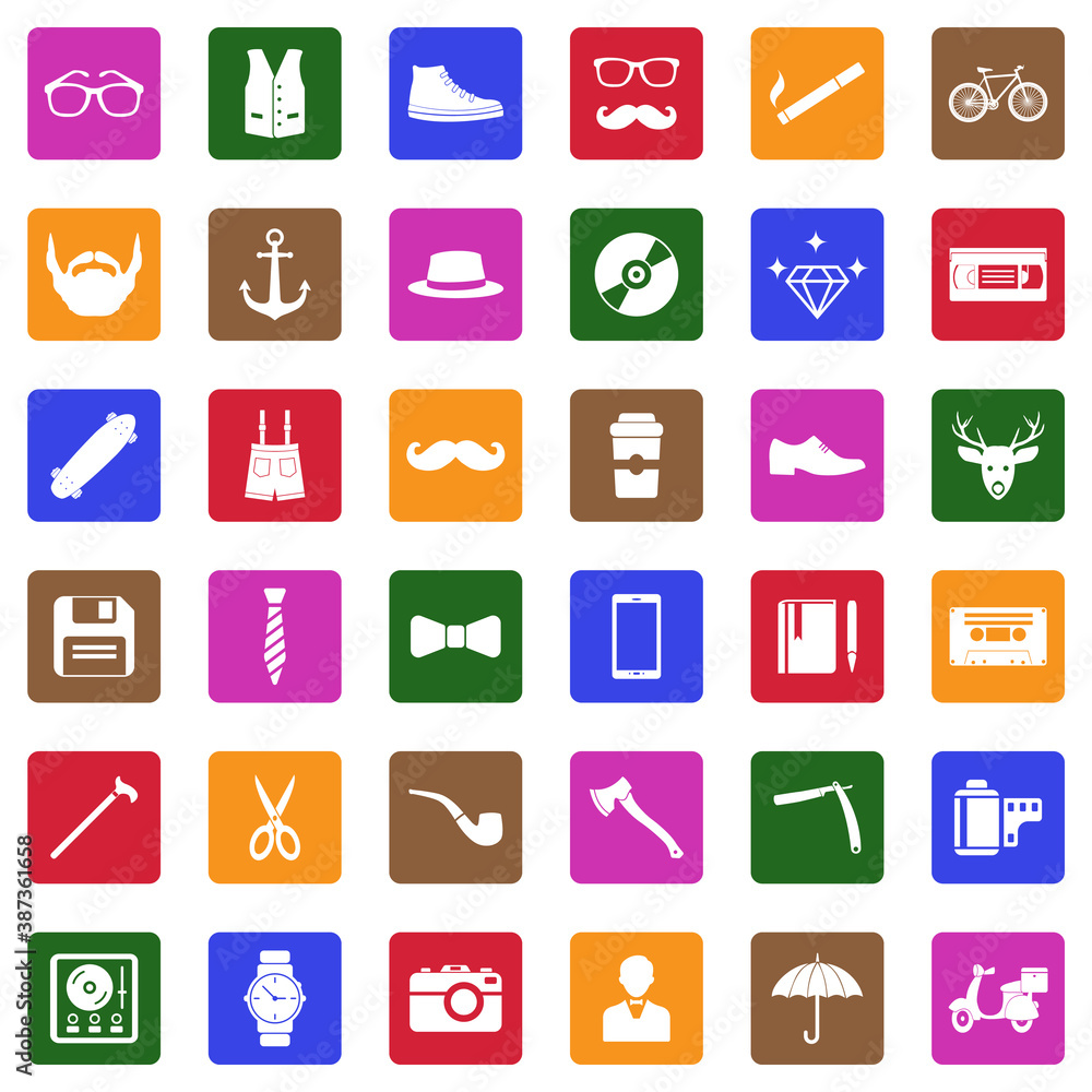 Hipster Icons. White Flat Design In Square. Vector Illustration