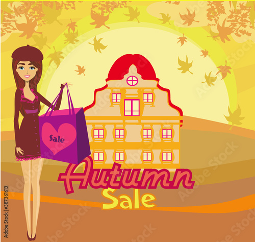 Fototapeta Naklejka Na Ścianę i Meble -  Fashion woman on Autumn Shopping - Sale card Can Be Used For Shopping Sale Promo