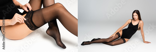 Collage of woman lying in black bodysuit and stockings, touching lace of stocking, banner photo