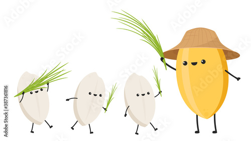 Rice character design. rice vector on white background. rice seed. rice on the leaf.