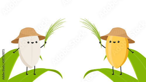 Rice character design. rice vector on white background. rice seed. rice on the leaf.