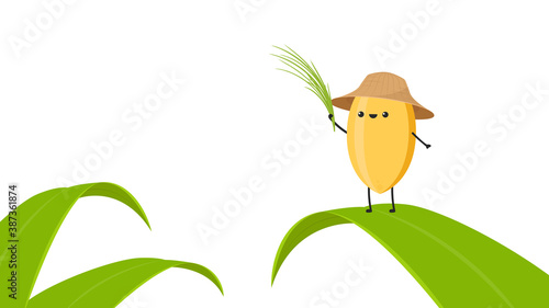 Rice character design. rice vector on white background. rice seed. rice on the leaf.