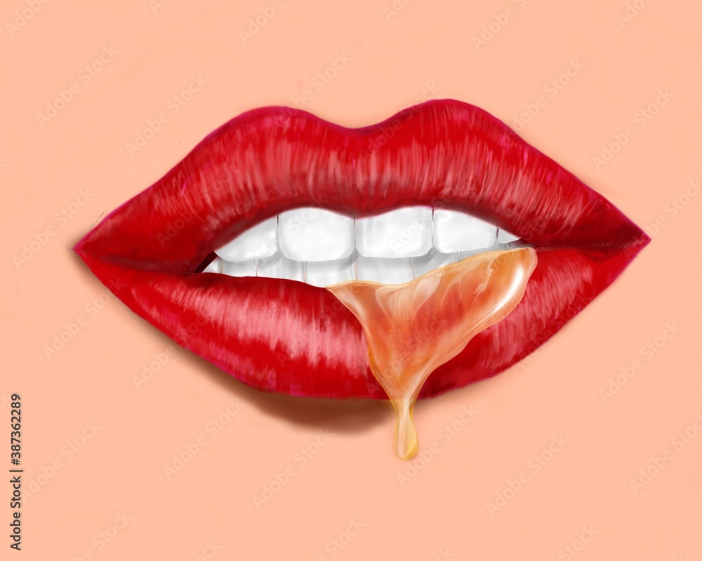 Fototapeta Labios carnosos rojos con saliva. Red fleshy lips with saliva.