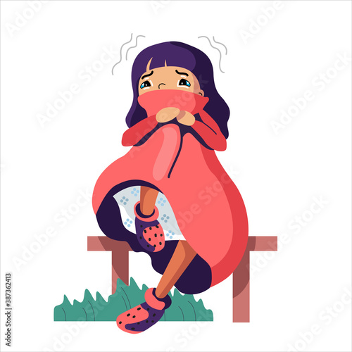 Sad and depressed girl sitting. Disappointed teenager. Fearful, Unhappy and stressed student. 
Creative flat vector illustration.
