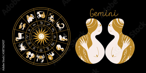 Zodiac sign Gemini. Horoscope and astrology. Full horoscope in the circle. Horoscope wheel zodiac with twelve signs vector.