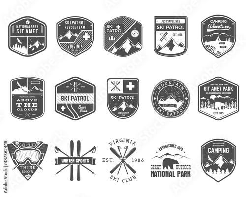 Set of Ski Club, Patrol Labels. Vintage Mountain winter camp explorer badges Outdoor adventure logo design. Travel hand drawn and hipster monochrome insignia. Snowboard icon symbol. Wilderness.
