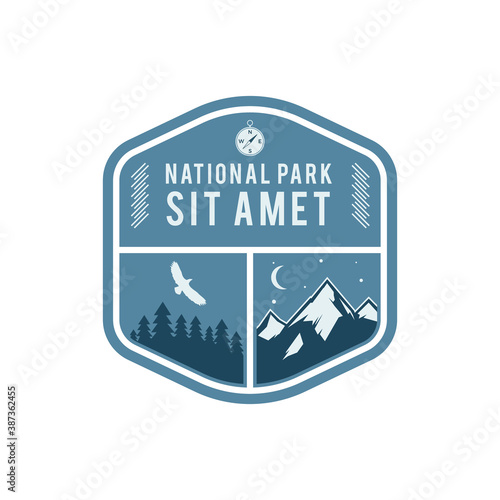 National park vintage badge. Mountain explorer label. Outdoor adventure logo design with eagle. Travel and hipster insignia. Wilderness, forest camping emblem. Hiking design typography.