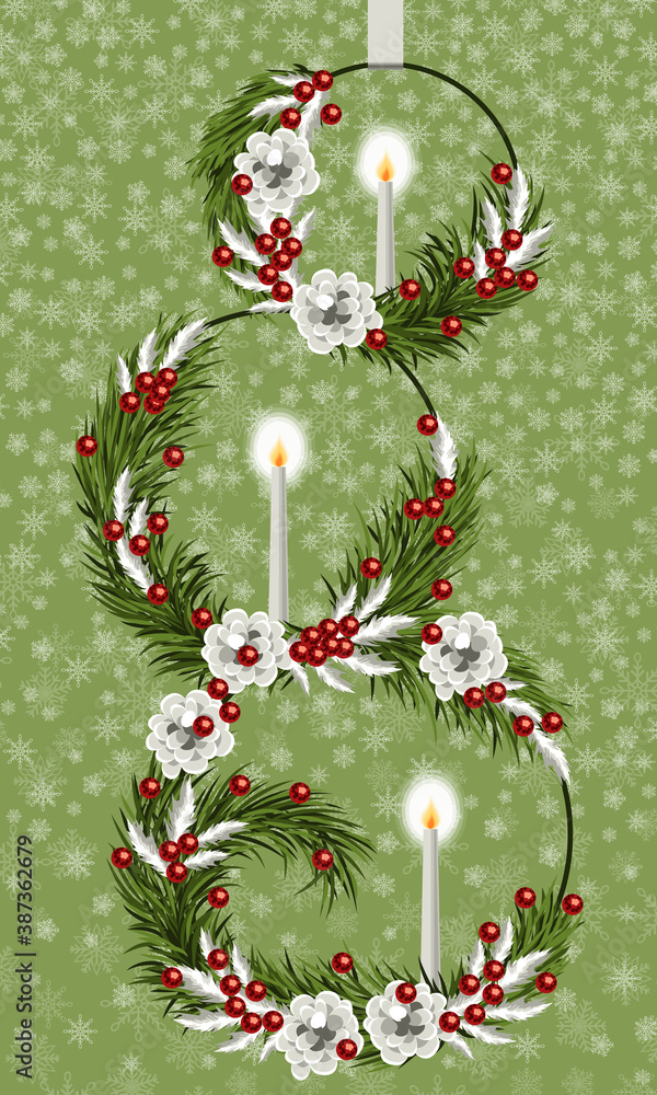 Greeting card with fir branches, fir cone, berries and candles