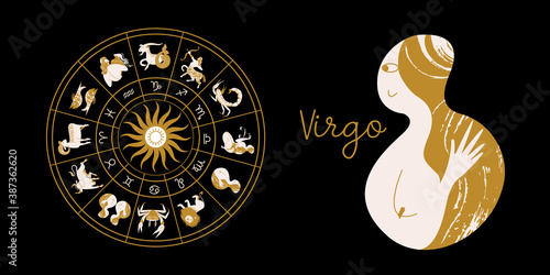 Zodiac sign Virgo. Horoscope and astrology. Full horoscope in the circle. Horoscope wheel zodiac with twelve signs vector.