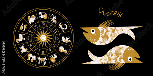 Zodiac sign Pisces. Horoscope and astrology. Full horoscope in the circle. Horoscope wheel zodiac with twelve signs vector.