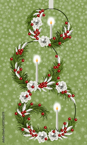 Greeting card with fir branches, fir cone, berries and candles
