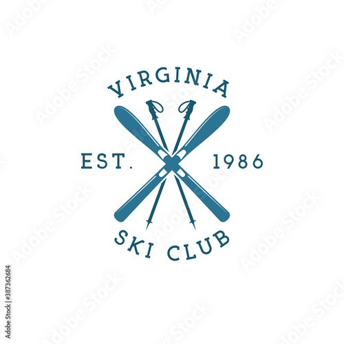 Winter sports ski club Label. Vintage Mountain explorer badge. Outdoor adventure logo design. Travel hipster color insignia. Snowboard icon symbol. Camping emblem. Wilderness photo