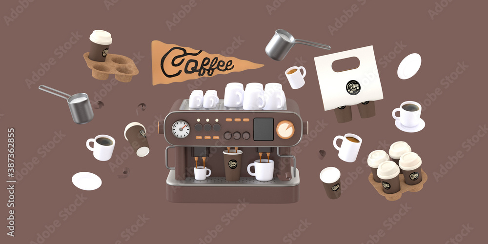 Coffee shop 3D render - coffee machine -modern concept digital illustration of a coffee maker with cups on the top, surrounded by takeout coffee packs and cups. Creative landing web page header - obrazy, fototapety, plakaty 