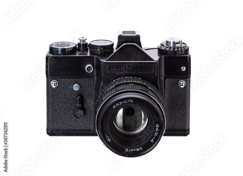 Vista frontale di fotocamere vintage su sfondo bianco