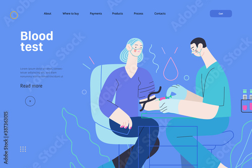Medical tests illustration - blood test - modern flat vector concept digital illustration of blood test procedure - a patient and doctor with a syringe and test tubes, the medical office or laboratory