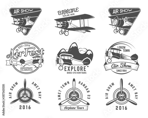 Vintage airplane emblems. Pilot academy. Fly stamp. Retro Plane badges, plane design elements. Aviation stamps collection Aerial logo and logotype. Travel insignia isolate. Vector Jet elements