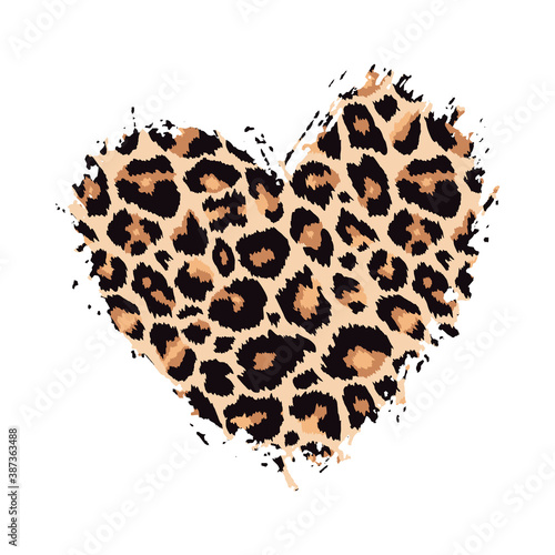 Leopard print textured hand drawn brush stroke heart shape. Abstract paint spot with wild animal cheetah skin pattern texture. Vector design element for fashion print design, tag, card, backgrounds