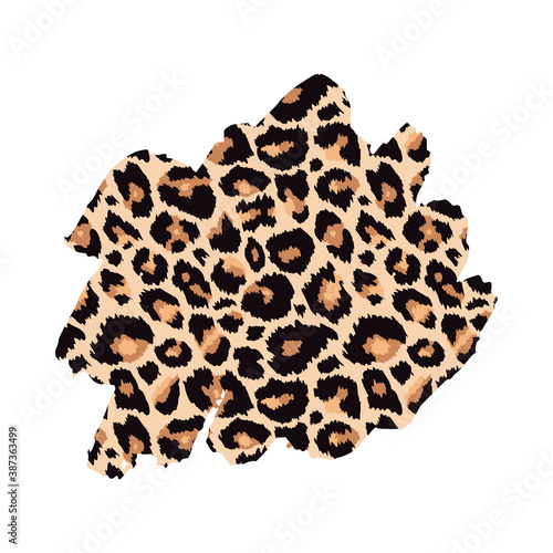 Leopard print textured hand drawn brush stroke splash. Abstract grunge paint spot with wild animal cheetah skin pattern texture. Vector design element for fashion print design, tag, card, backgrounds