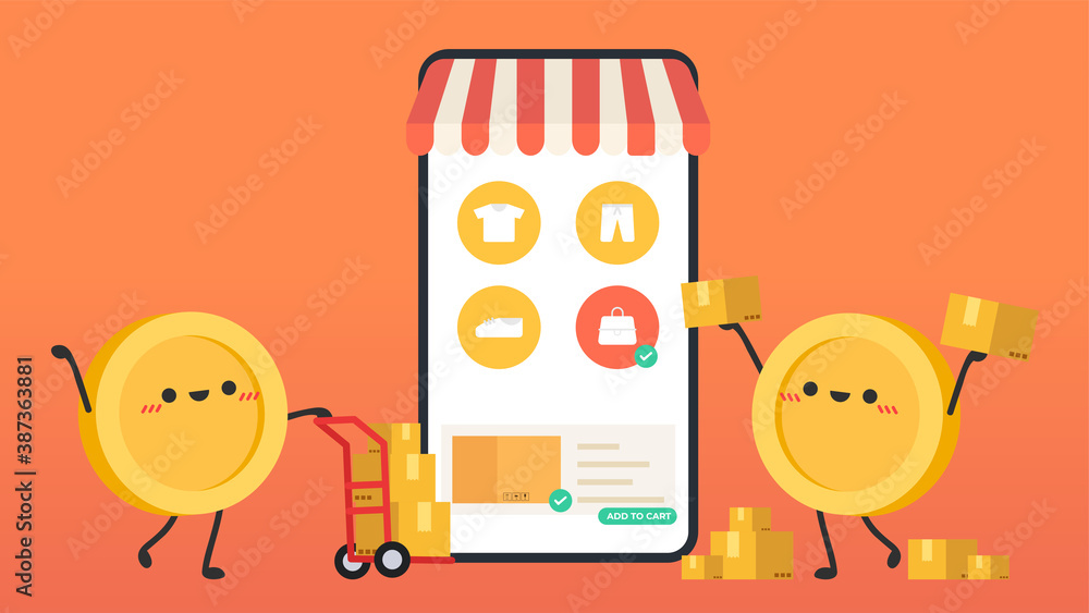 Fototapeta premium Shopping online poster. wallpaper. free space for text. copy space. Coin character.