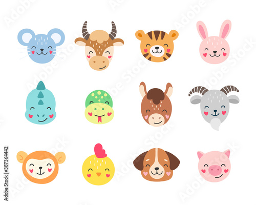 Fototapeta Naklejka Na Ścianę i Meble -  Cartoon Chinese zodiac. Vector illustration of cute animals isolated on white background.