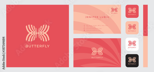 Simple and minimalist butterfly logo with business card, icon, and color pallete