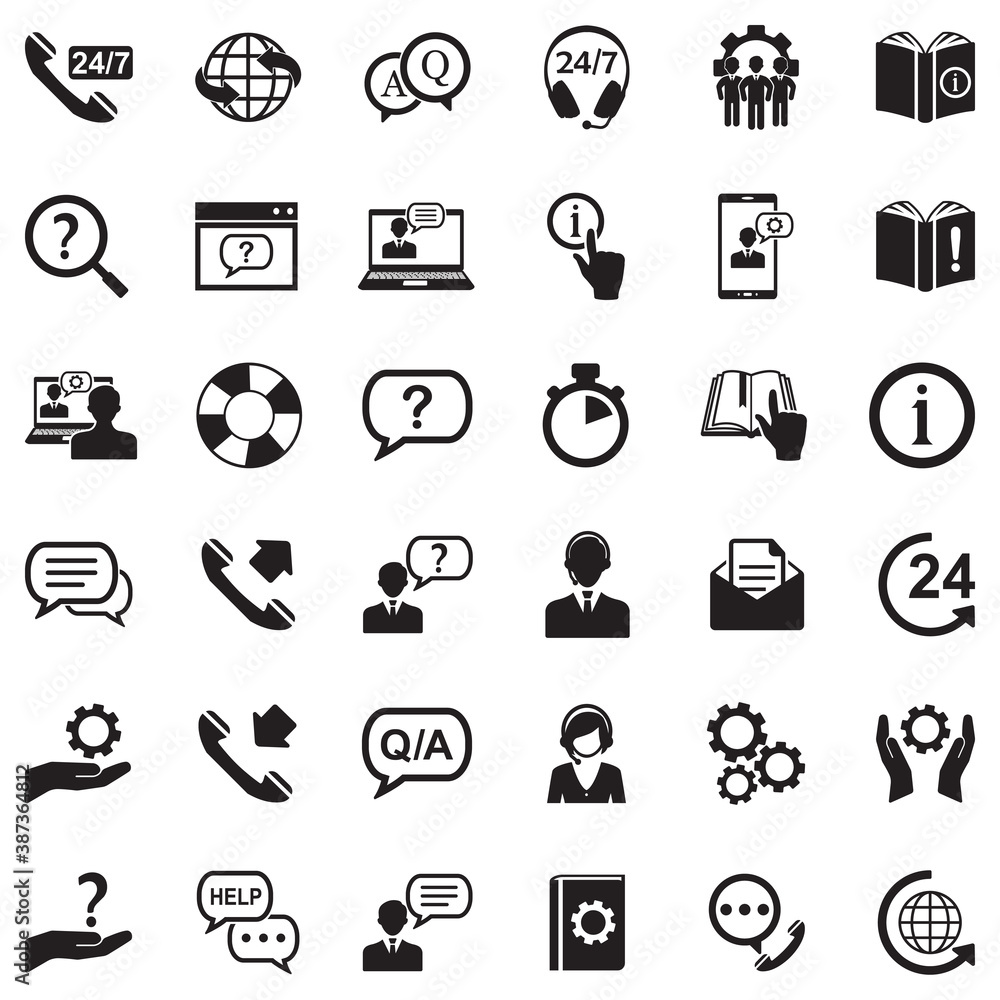 Help And Support Icons. Black Flat Design. Vector Illustration.