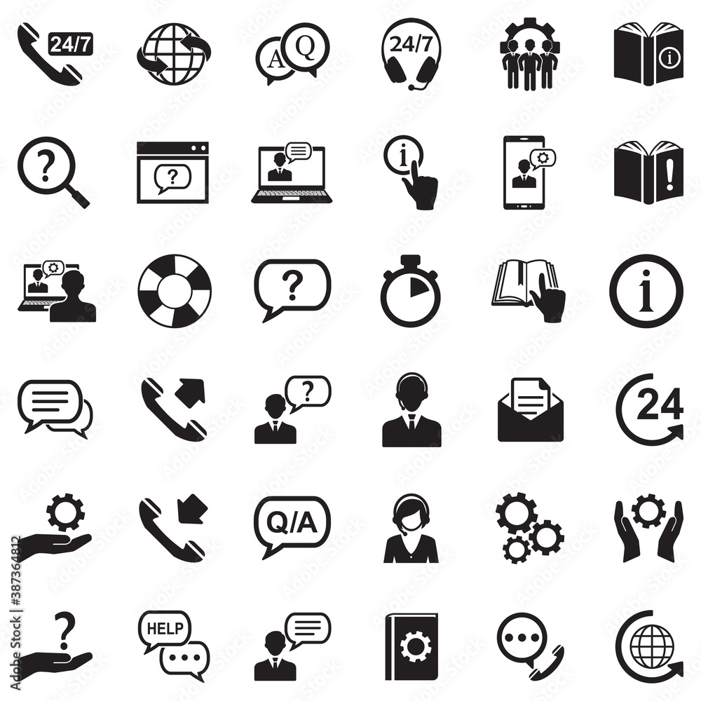 Help And Support Icons. Black Flat Design. Vector Illustration. Help And Support Icons. Black Flat Design. Vector Illustration.