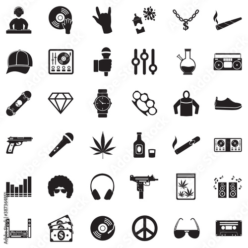 Hip Hop Icons. Black Flat Design. Vector Illustration.