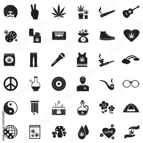 Hippie Icons. Black Flat Design. Vector Illustration.