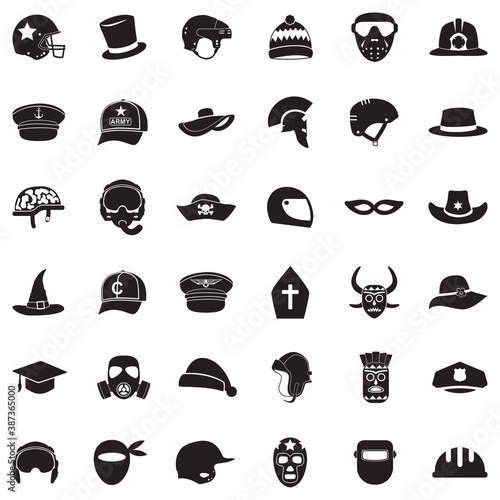 Hats And Masks Icons . Black Flat Design. Vector Illustration.
