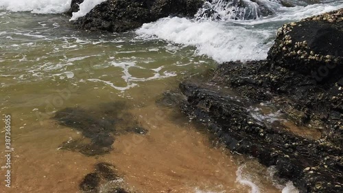 Slow motion footage of tropical sandy beach under bright sunny day