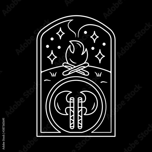 illustration of bonfire and ax with white outline color. Bonfire and ax line art. Design badges for apparel products, mugs and wall posters