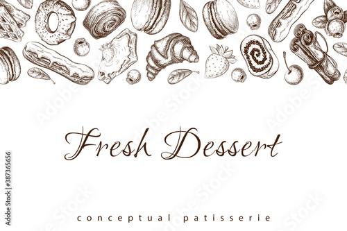 vector pastry sketch on white. Bakery horizontal banner, border with desserts, berries, eclair, croissant, donut, macaroons drawing. pastry background template for design. Engraved food illustration.