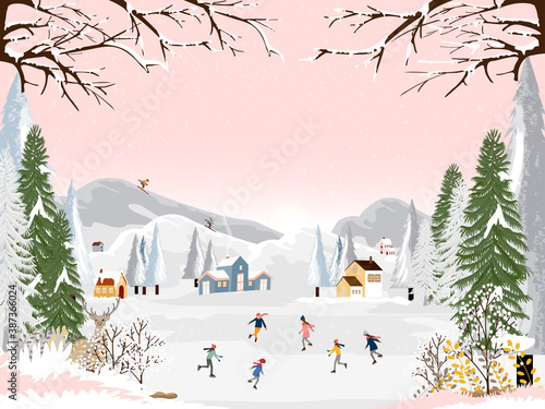 Winter landscape at night with people having fun doing outdoor activities on new year,Vector city landscape on Christmas holidays with people celebration, kid playing ice skates, teenagers skiing