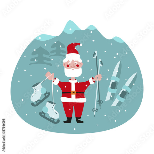Santa Claus in the mountains with ski equipment and skates.