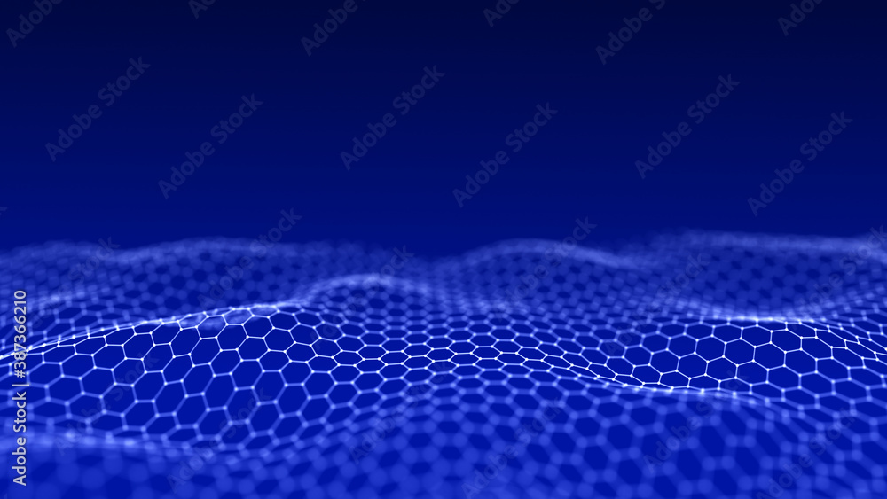 Abstract hexagon wave with moving dots and lines. Flow of particles. Cyber technology illustration. 3d rendering Abstract hexagon wave with moving dots and lines. Flow of particles. Cyber technology illustration. 3d rendering