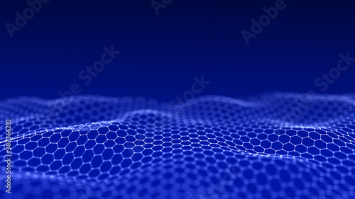 Abstract hexagon wave with moving dots and lines. Flow of particles. Cyber technology illustration. 3d rendering © estar 2020