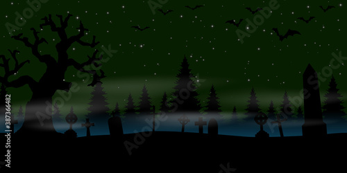 halloween cemetery in front of woodlands with full moon