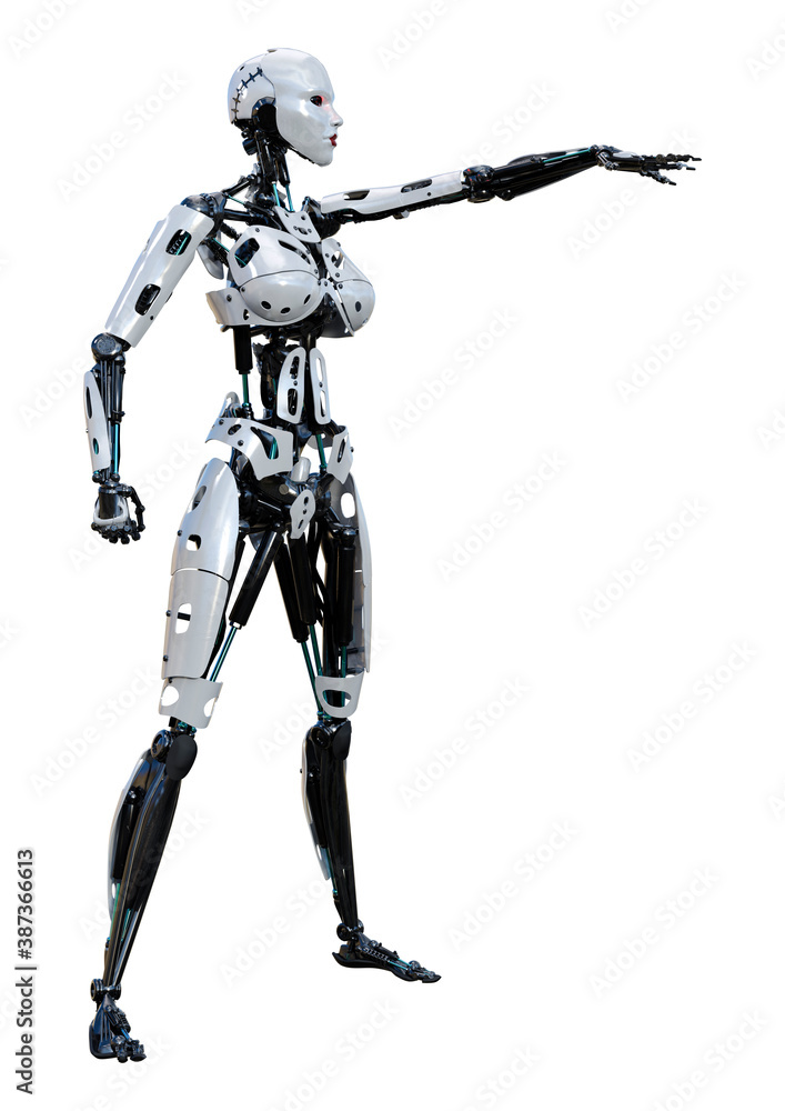 3D Rendering Female Robot on White