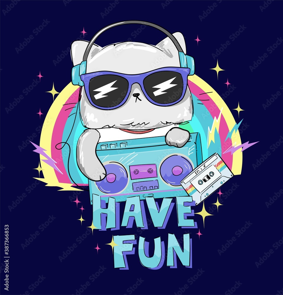 Hand drawn cute cat with radio tape recorder and cassette with retro music and headphones for t-shirt printing vector illustration Hand drawn cute cat with radio tape recorder and cassette with retro music and headphones for t-shirt printing vector illustration