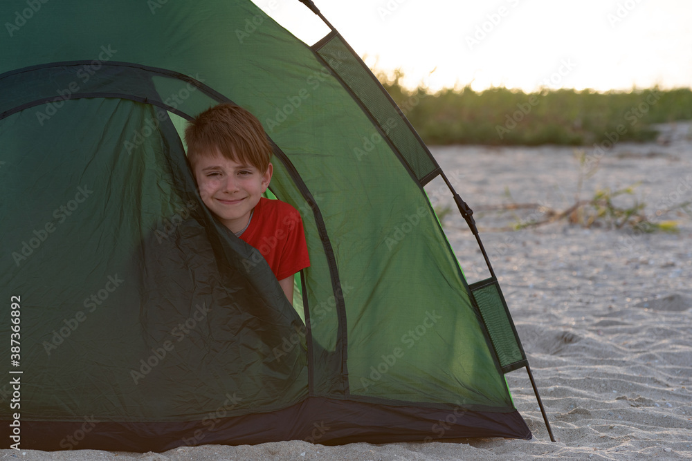 Boy peeking out of touristic tent. Active vacation. Camping