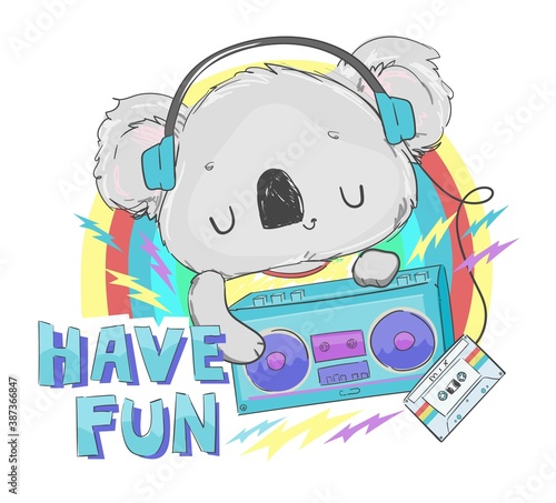 Hand drawn cute koala with radio tape recorder and cassette with retro music in headphones on colored background for t-shirt printing vector illustration