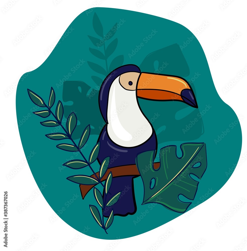 Fototapeta premium Hand drawn toucan print and leaves exotic tropical bird vector illustration