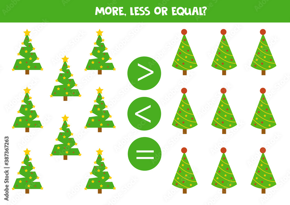 More, less or equal with Christmas trees. Educational math game for kids.