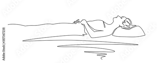 Continuous one line drawing of woman sleeping on memory foam. Vector illustration sleeper sleeper in profile.